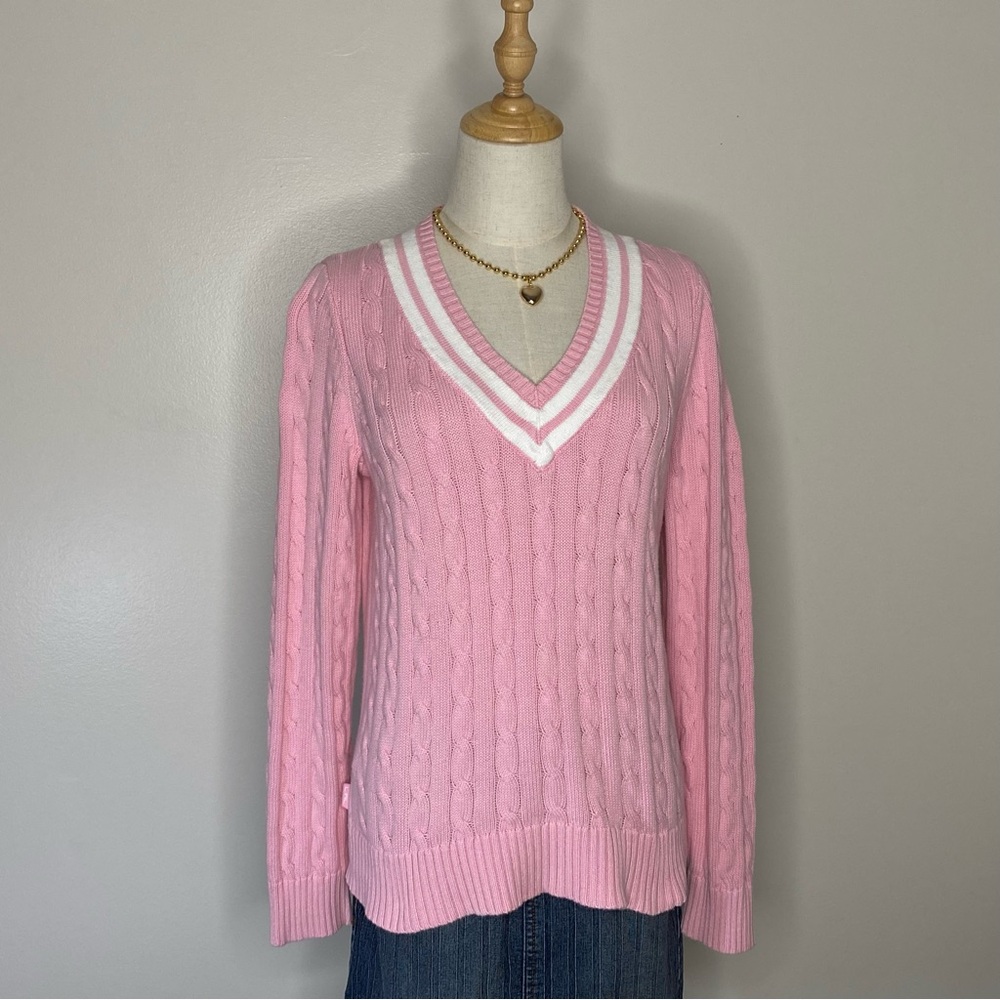 Ralph Lauren Pink Cable-Knit V-Neck Sweater with White Trim